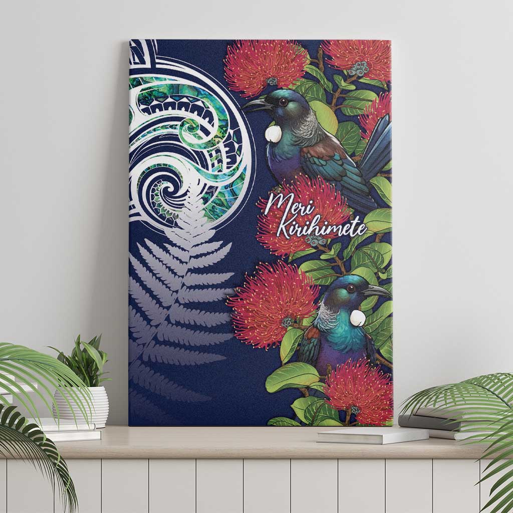 Meri Kirihimete New Zealand Canvas Wall Art Tui on Pohutukawa - Blue Ver LT7 - Polynesian Pride