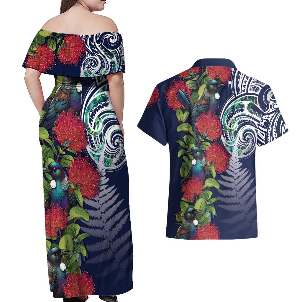 Meri Kirihimete New Zealand Couples Matching Off Shoulder Maxi Dress and Hawaiian Shirt Tui on Pohutukawa - Blue Ver LT7 - Polynesian Pride