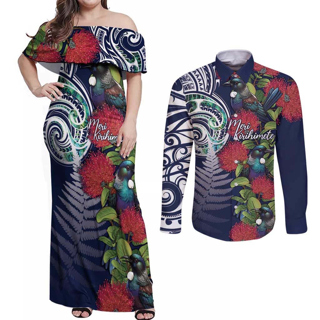 Meri Kirihimete New Zealand Couples Matching Off Shoulder Maxi Dress and Long Sleeve Button Shirt Tui on Pohutukawa - Blue Ver LT7 Blue - Polynesian Pride