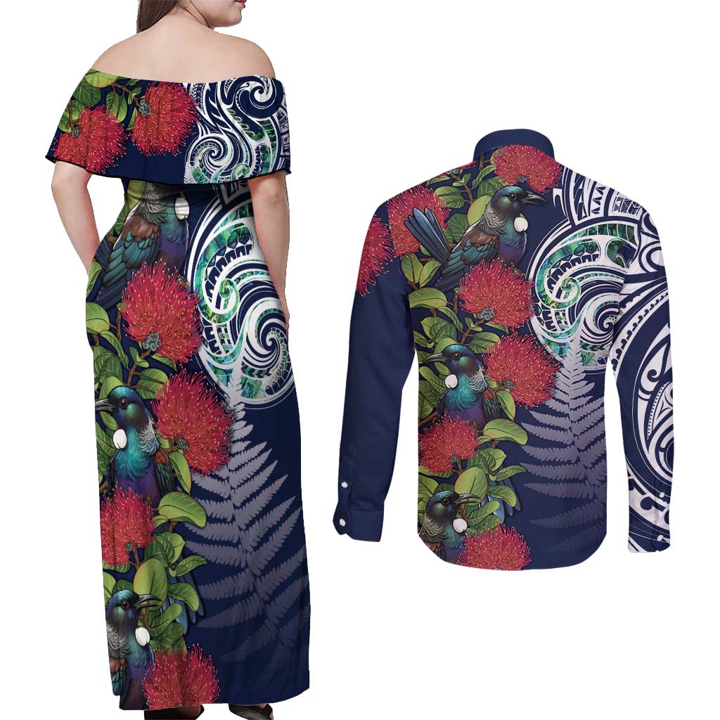 Meri Kirihimete New Zealand Couples Matching Off Shoulder Maxi Dress and Long Sleeve Button Shirt Tui on Pohutukawa - Blue Ver LT7 - Polynesian Pride