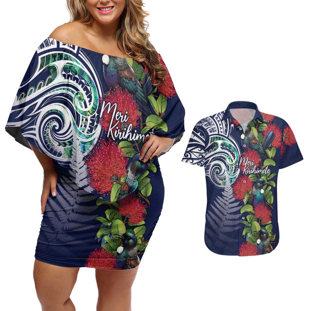 Meri Kirihimete New Zealand Couples Matching Off Shoulder Short Dress and Hawaiian Shirt Tui on Pohutukawa - Blue Ver LT7 Blue - Polynesian Pride
