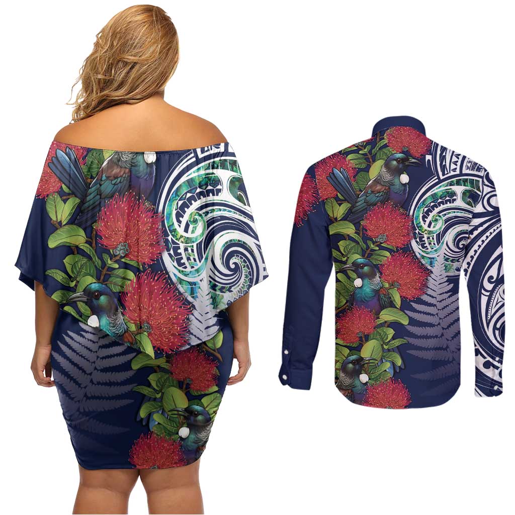 Meri Kirihimete New Zealand Couples Matching Off Shoulder Short Dress and Long Sleeve Button Shirt Tui on Pohutukawa - Blue Ver LT7 - Polynesian Pride