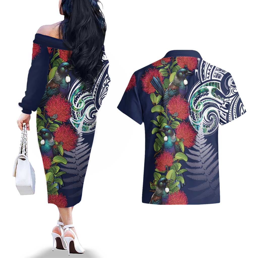 Meri Kirihimete New Zealand Couples Matching Off The Shoulder Long Sleeve Dress and Hawaiian Shirt Tui on Pohutukawa - Blue Ver LT7 - Polynesian Pride