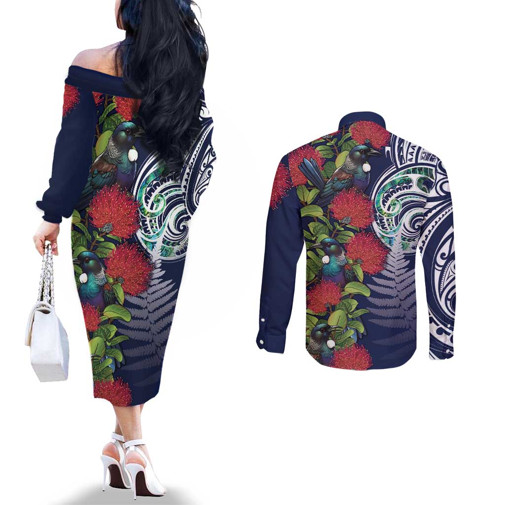 Meri Kirihimete New Zealand Couples Matching Off The Shoulder Long Sleeve Dress and Long Sleeve Button Shirt Tui on Pohutukawa - Blue Ver LT7 - Polynesian Pride