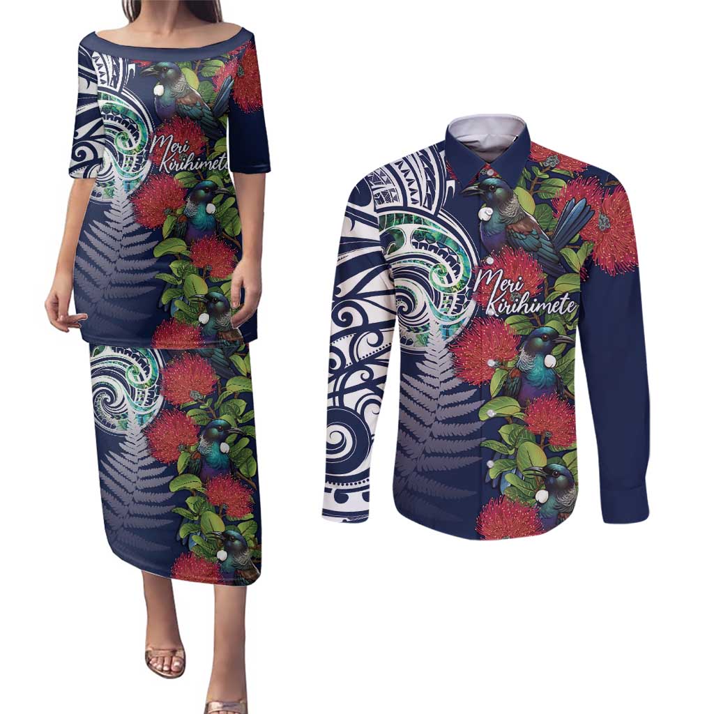 Meri Kirihimete New Zealand Couples Matching Puletasi and Long Sleeve Button Shirt Tui on Pohutukawa - Blue Ver LT7 Blue - Polynesian Pride