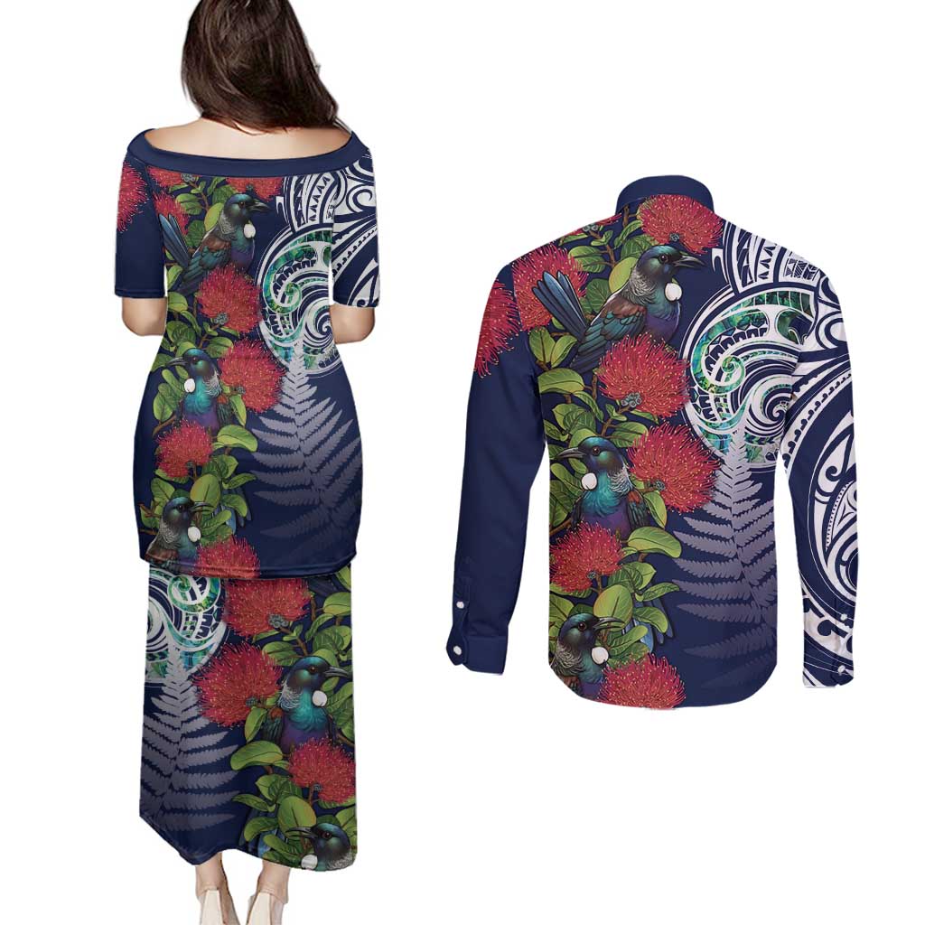 Meri Kirihimete New Zealand Couples Matching Puletasi and Long Sleeve Button Shirt Tui on Pohutukawa - Blue Ver LT7 - Polynesian Pride