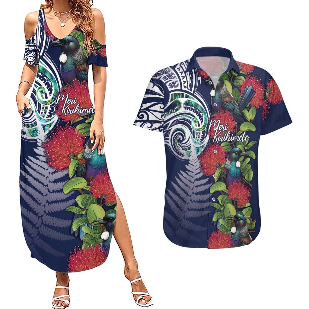 Meri Kirihimete New Zealand Couples Matching Summer Maxi Dress and Hawaiian Shirt Tui on Pohutukawa - Blue Ver LT7 Blue - Polynesian Pride