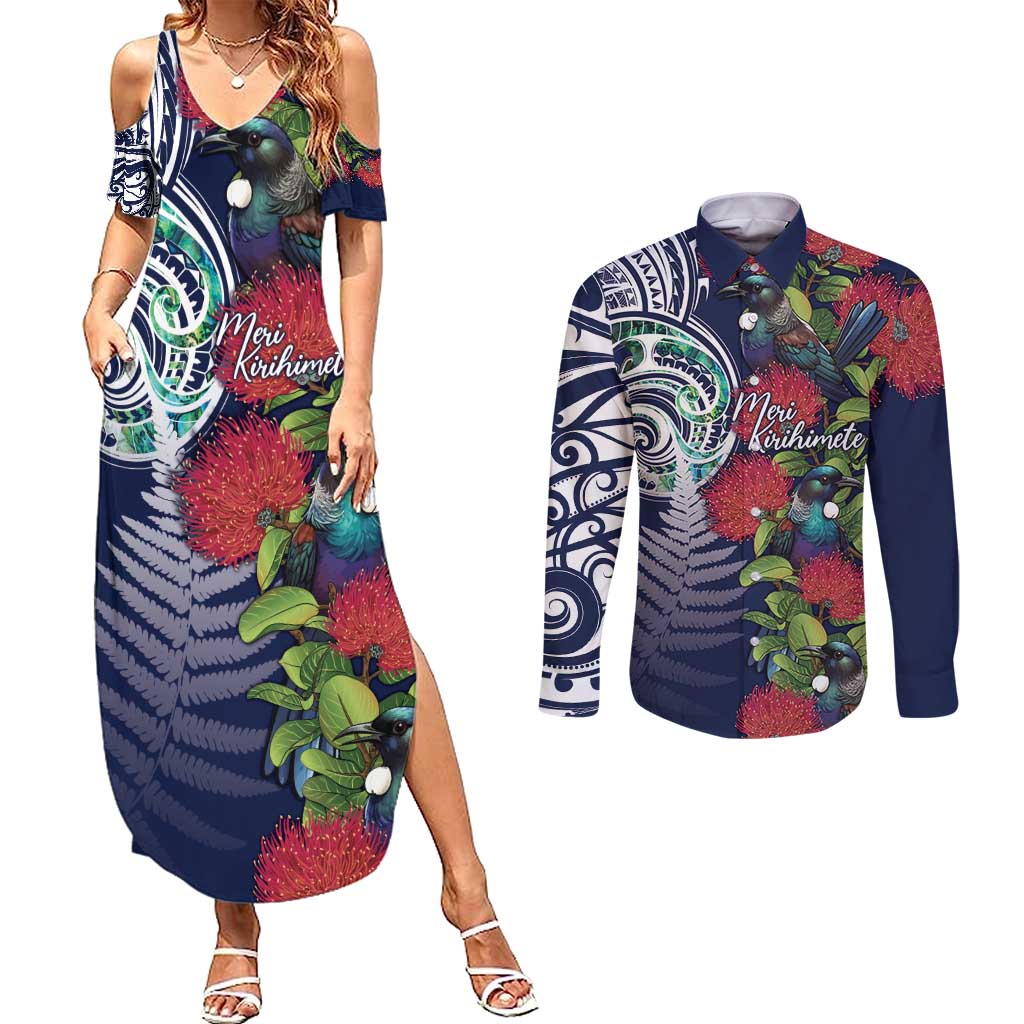 Meri Kirihimete New Zealand Couples Matching Summer Maxi Dress and Long Sleeve Button Shirt Tui on Pohutukawa - Blue Ver LT7 Blue - Polynesian Pride