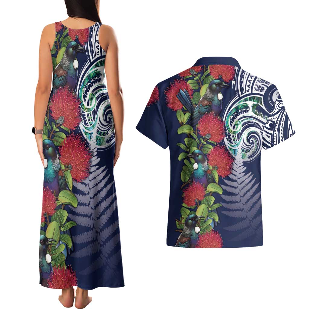 Meri Kirihimete New Zealand Couples Matching Tank Maxi Dress and Hawaiian Shirt Tui on Pohutukawa - Blue Ver LT7 - Polynesian Pride