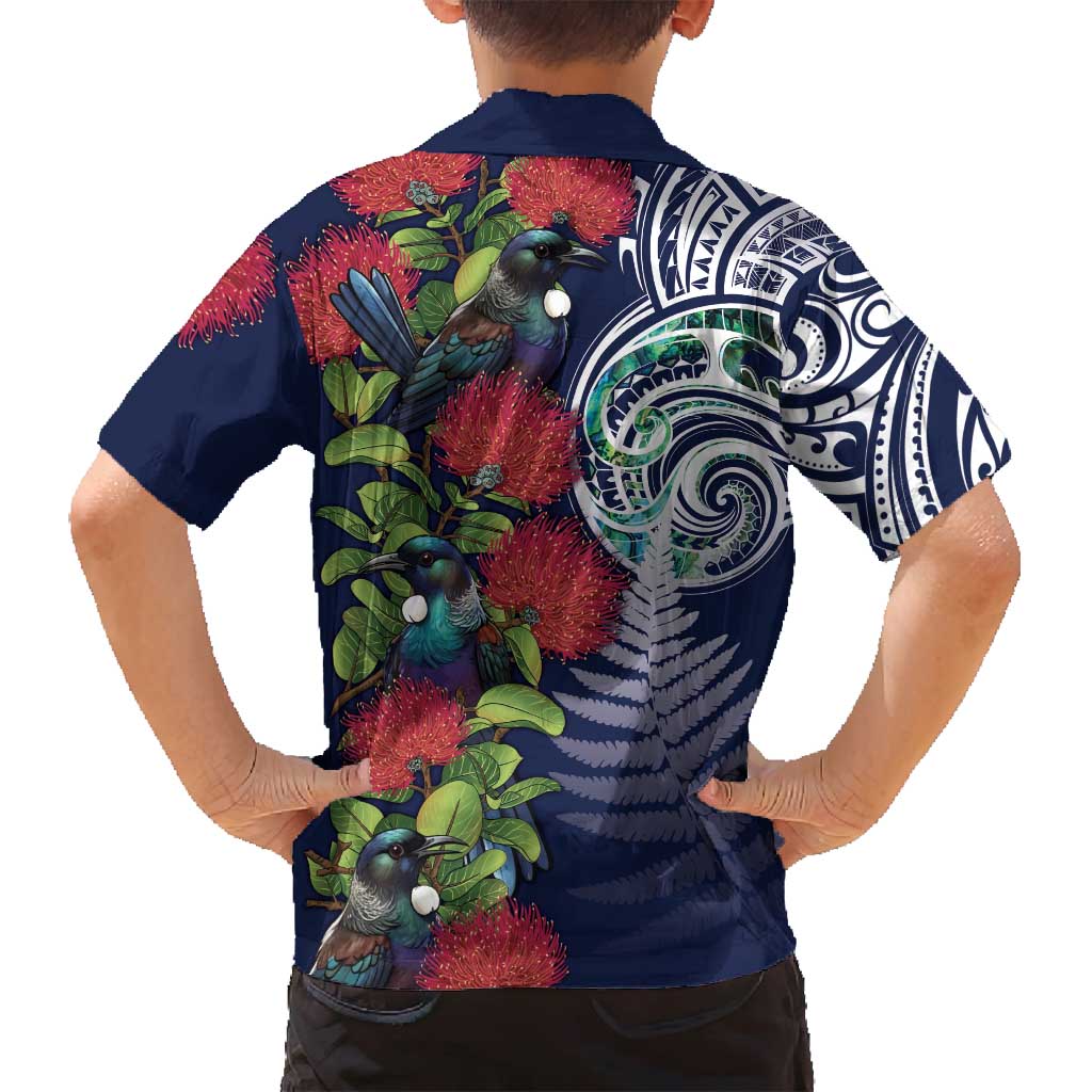 Meri Kirihimete New Zealand Family Matching Long Sleeve Bodycon Dress and Hawaiian Shirt Tui on Pohutukawa - Blue Ver LT7 - Polynesian Pride