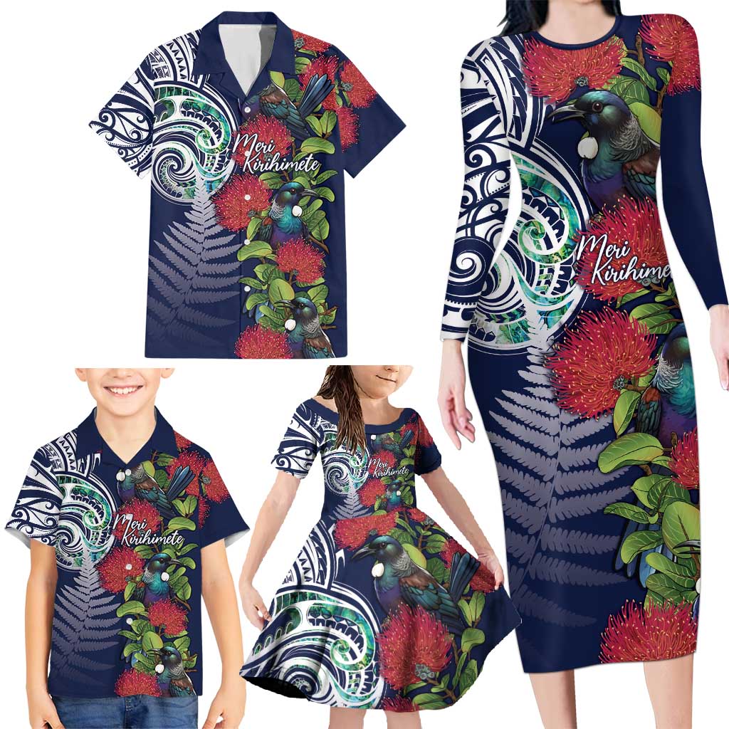 Meri Kirihimete New Zealand Family Matching Long Sleeve Bodycon Dress and Hawaiian Shirt Tui on Pohutukawa - Blue Ver LT7 - Polynesian Pride