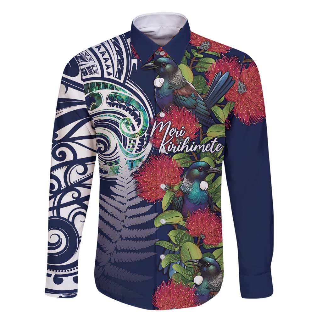 Meri Kirihimete New Zealand Family Matching Long Sleeve Bodycon Dress and Hawaiian Shirt Tui on Pohutukawa - Blue Ver LT7 Dad's Shirt - Long Sleeve Blue - Polynesian Pride