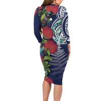 Meri Kirihimete New Zealand Family Matching Long Sleeve Bodycon Dress and Hawaiian Shirt Tui on Pohutukawa - Blue Ver LT7 - Polynesian Pride