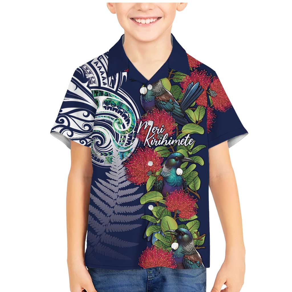 Meri Kirihimete New Zealand Family Matching Mermaid Dress and Hawaiian Shirt Tui on Pohutukawa - Blue Ver LT7 Son's Shirt Blue - Polynesian Pride