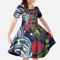 Meri Kirihimete New Zealand Family Matching Off The Shoulder Long Sleeve Dress and Hawaiian Shirt Tui on Pohutukawa - Blue Ver LT7 Daughter's Dress Blue - Polynesian Pride