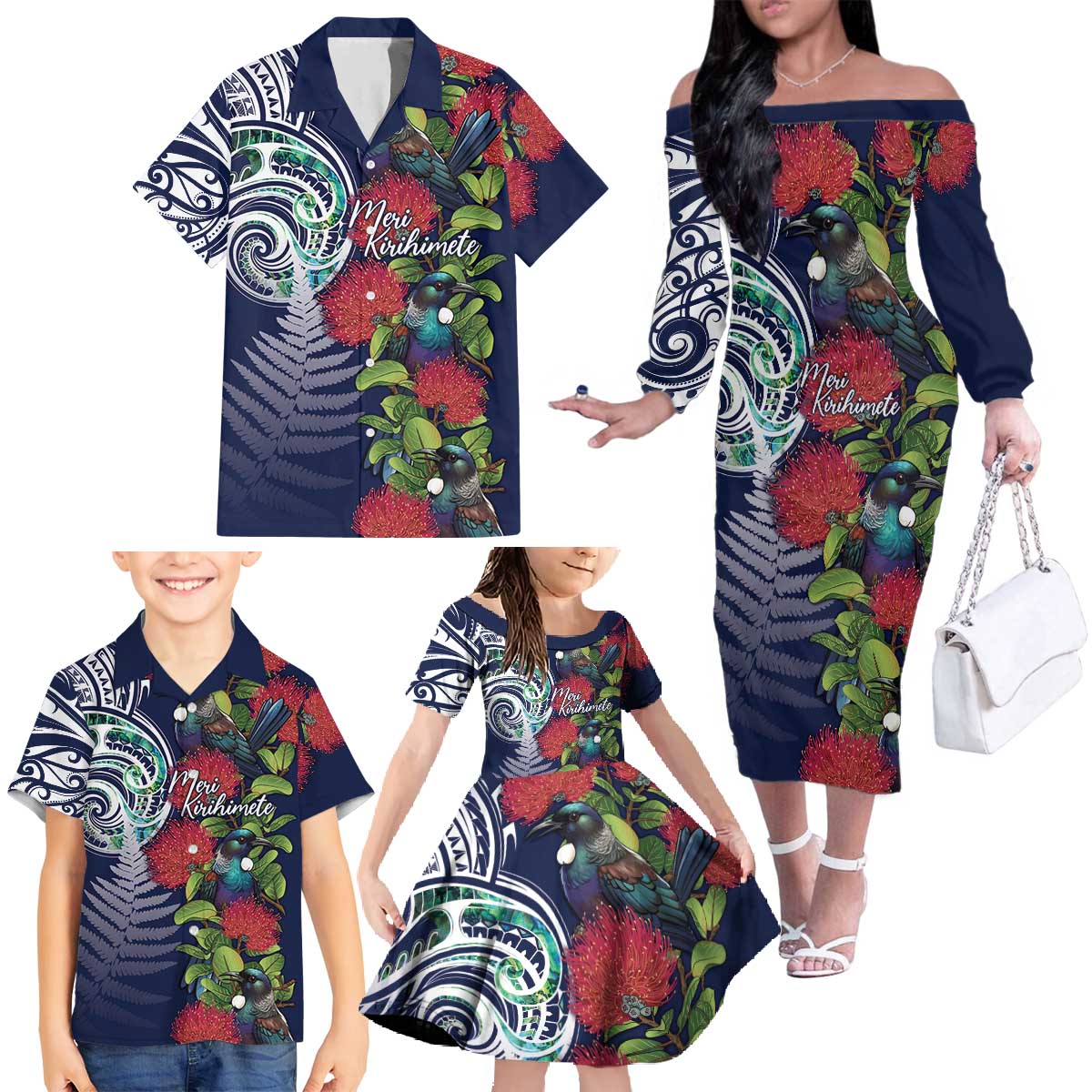 Meri Kirihimete New Zealand Family Matching Off The Shoulder Long Sleeve Dress and Hawaiian Shirt Tui on Pohutukawa - Blue Ver LT7 - Polynesian Pride