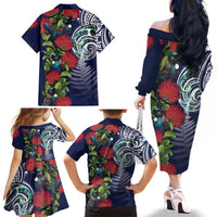 Meri Kirihimete New Zealand Family Matching Off The Shoulder Long Sleeve Dress and Hawaiian Shirt Tui on Pohutukawa - Blue Ver LT7 - Polynesian Pride