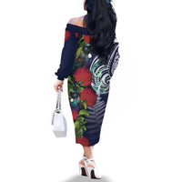 Meri Kirihimete New Zealand Family Matching Off The Shoulder Long Sleeve Dress and Hawaiian Shirt Tui on Pohutukawa - Blue Ver LT7 - Polynesian Pride