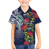 Meri Kirihimete New Zealand Family Matching Off The Shoulder Long Sleeve Dress and Hawaiian Shirt Tui on Pohutukawa - Blue Ver LT7 Son's Shirt Blue - Polynesian Pride
