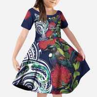 Meri Kirihimete New Zealand Family Matching Off Shoulder Maxi Dress and Hawaiian Shirt Tui on Pohutukawa - Blue Ver LT7 Daughter's Dress Blue - Polynesian Pride