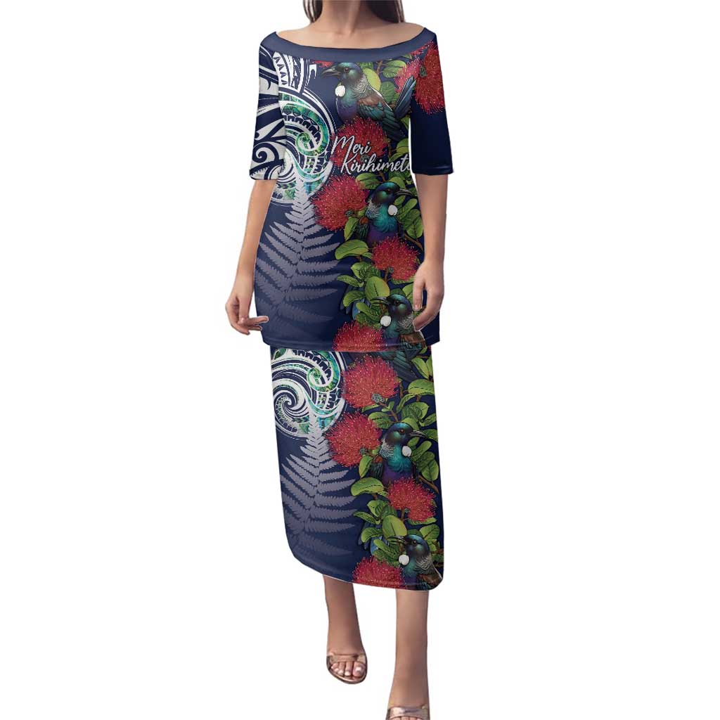 Meri Kirihimete New Zealand Family Matching Puletasi and Hawaiian Shirt Tui on Pohutukawa - Blue Ver LT7 Mom's Dress Blue - Polynesian Pride