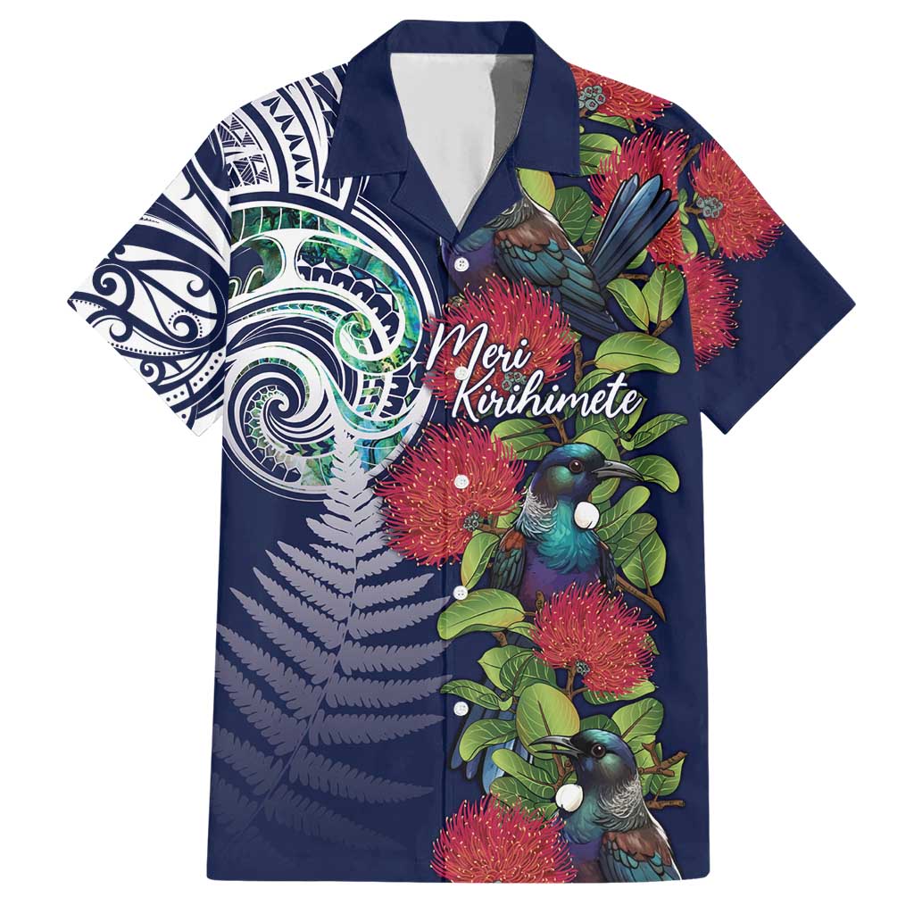 Meri Kirihimete New Zealand Family Matching Short Sleeve Bodycon Dress and Hawaiian Shirt Tui on Pohutukawa - Blue Ver LT7 Dad's Shirt - Short Sleeve Blue - Polynesian Pride