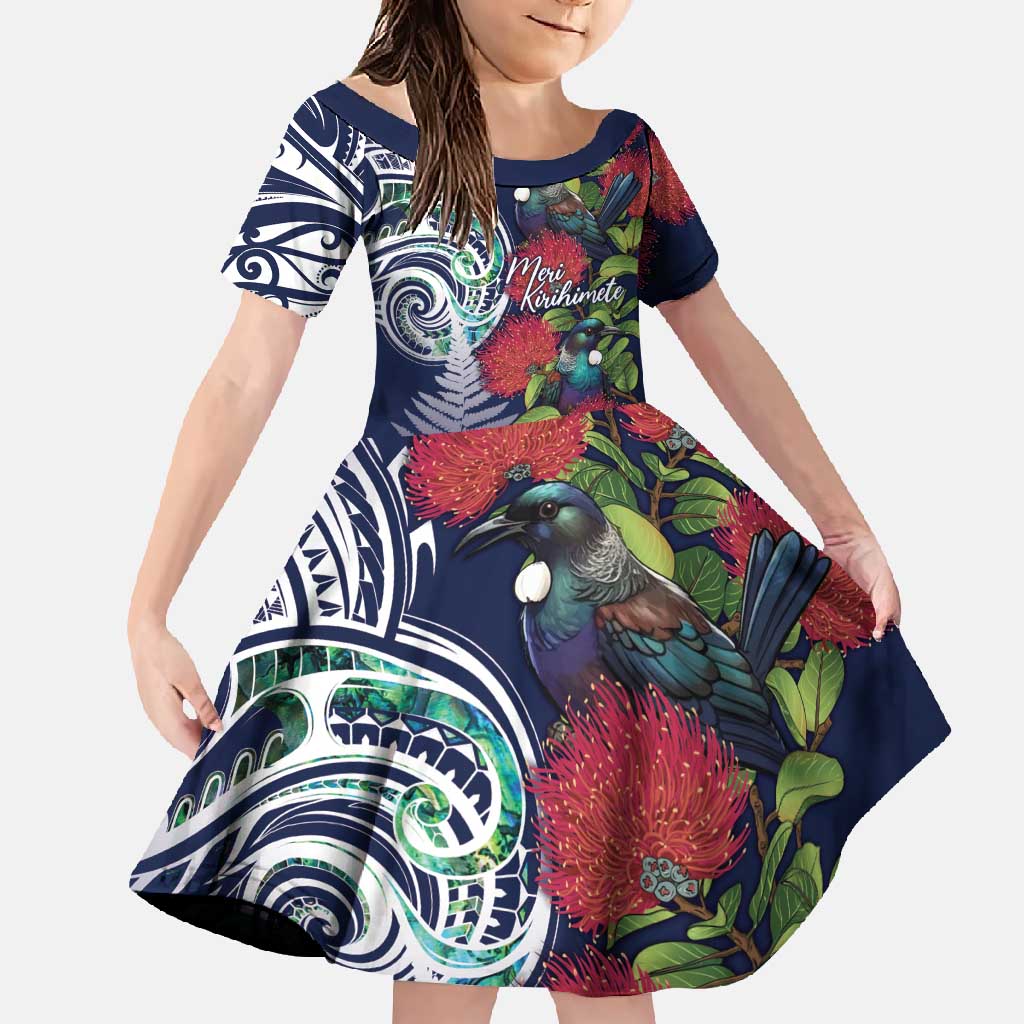 Meri Kirihimete New Zealand Family Matching Summer Maxi Dress and Hawaiian Shirt Tui on Pohutukawa - Blue Ver LT7 Daughter's Dress Blue - Polynesian Pride