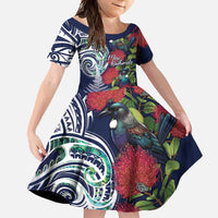 Meri Kirihimete New Zealand Family Matching Summer Maxi Dress and Hawaiian Shirt Tui on Pohutukawa - Blue Ver LT7 Daughter's Dress Blue - Polynesian Pride