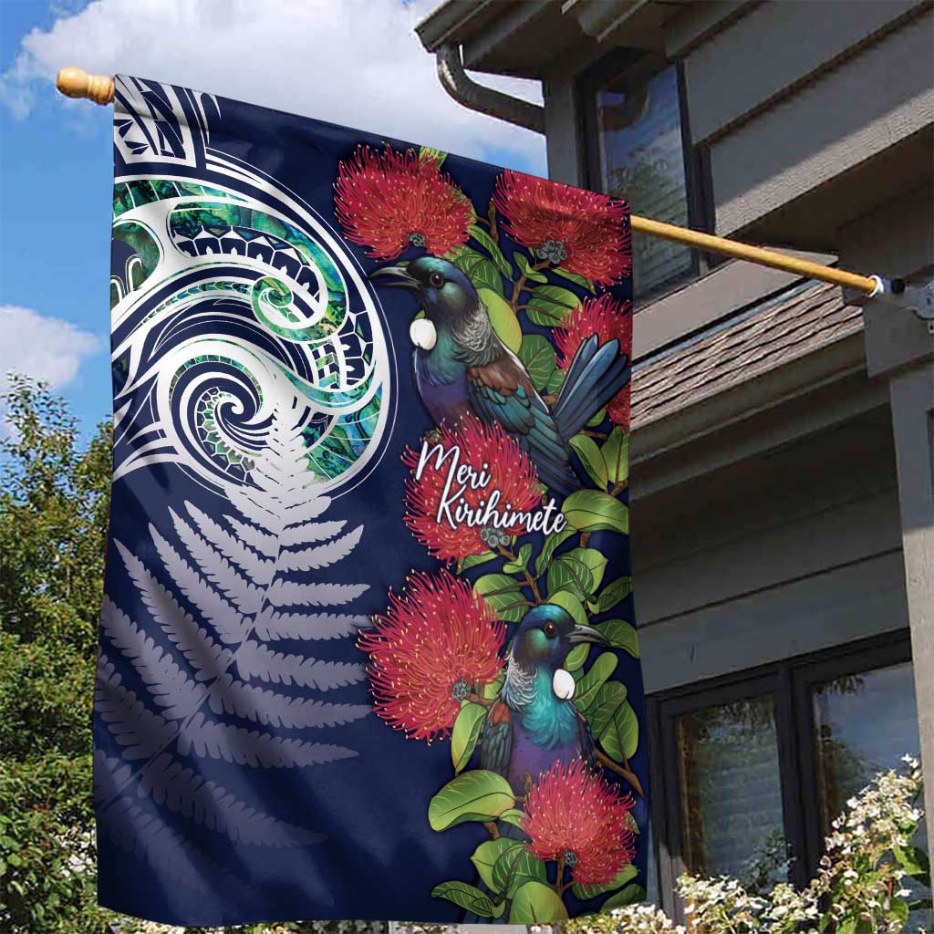 Meri Kirihimete New Zealand Garden Flag Tui on Pohutukawa - Blue Ver LT7 - Polynesian Pride