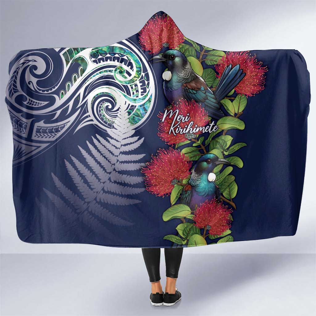 Meri Kirihimete New Zealand Hooded Blanket Tui on Pohutukawa - Blue Ver LT7 One Size Blue - Polynesian Pride