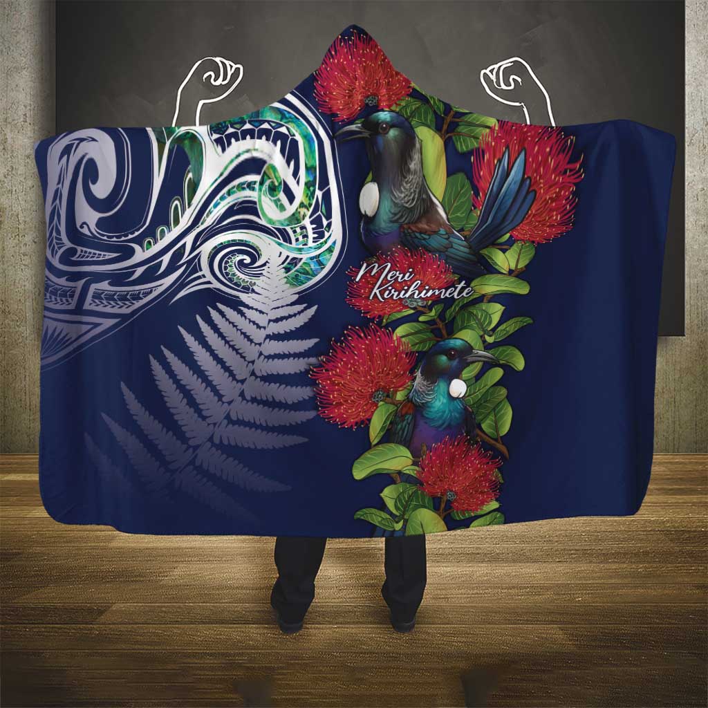 Meri Kirihimete New Zealand Hooded Blanket Tui on Pohutukawa - Blue Ver LT7 - Polynesian Pride