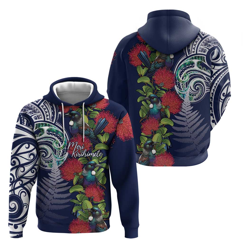 Meri Kirihimete New Zealand Hoodie Tui on Pohutukawa - Blue Ver LT7 - Polynesian Pride