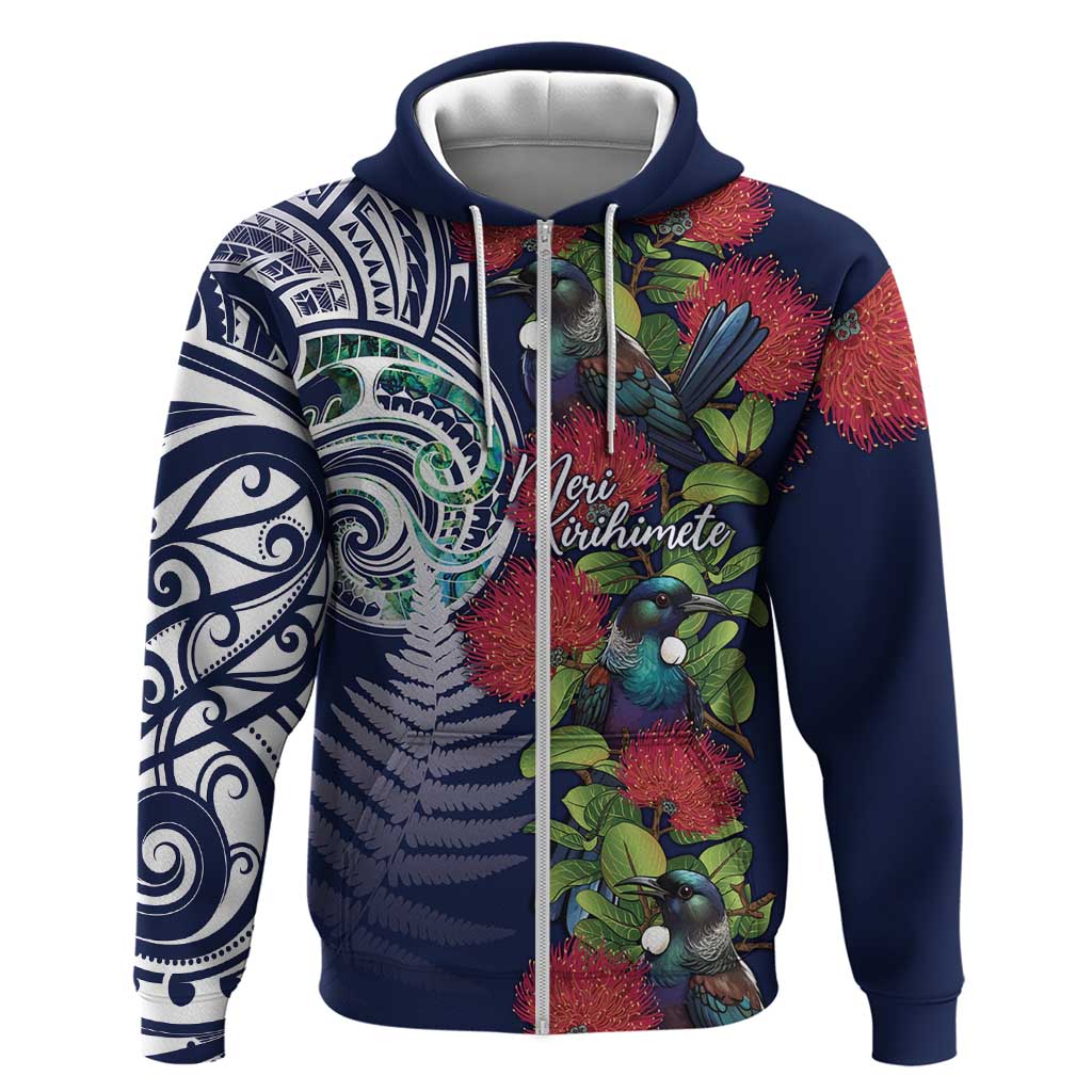 Meri Kirihimete New Zealand Hoodie Tui on Pohutukawa - Blue Ver LT7 Zip Hoodie Blue - Polynesian Pride