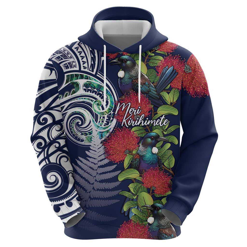 Meri Kirihimete New Zealand Hoodie Tui on Pohutukawa - Blue Ver LT7 - Polynesian Pride