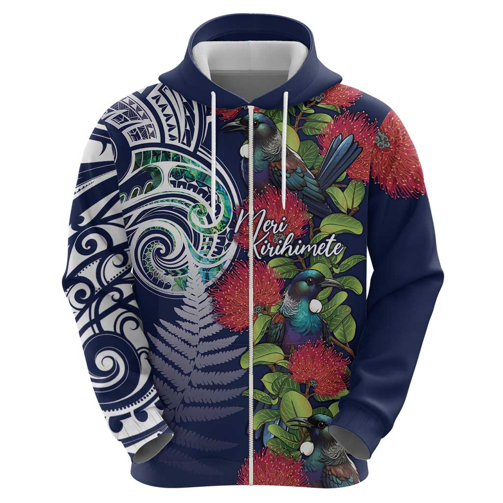 Meri Kirihimete New Zealand Hoodie Tui on Pohutukawa - Blue Ver LT7 - Polynesian Pride