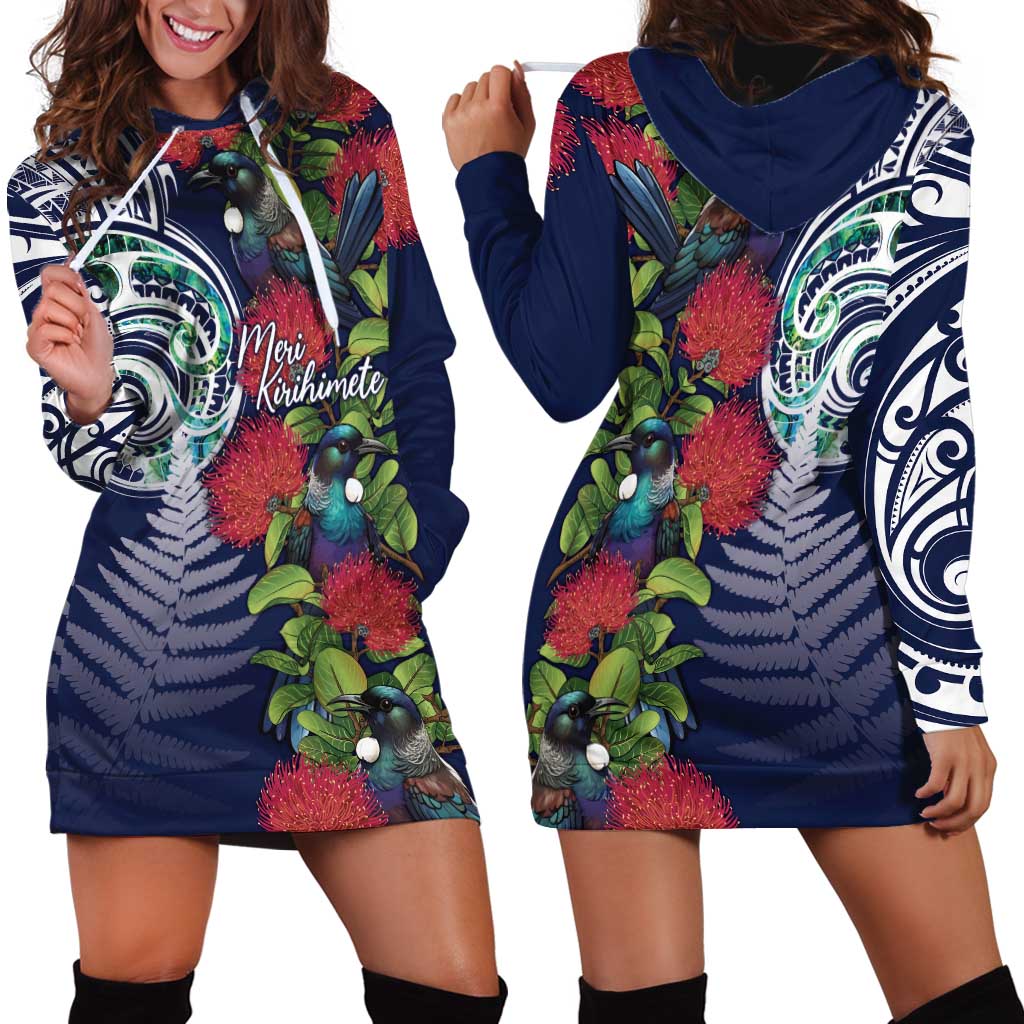 Meri Kirihimete New Zealand Hoodie Dress Tui on Pohutukawa - Blue Ver LT7 - Polynesian Pride