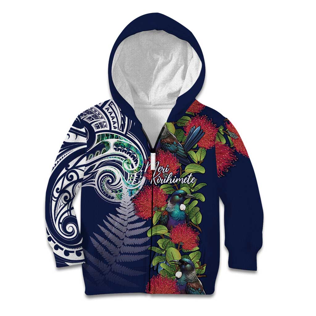 Meri Kirihimete New Zealand Kid Hoodie Tui on Pohutukawa - Blue Ver LT7 Zip Hoodie Blue - Polynesian Pride