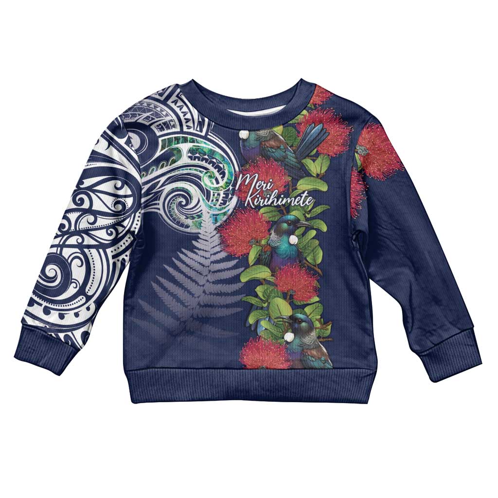 Meri Kirihimete New Zealand Kid Ugly Christmas Sweater Tui on Pohutukawa - Blue Ver LT7 Kid Blue - Polynesian Pride