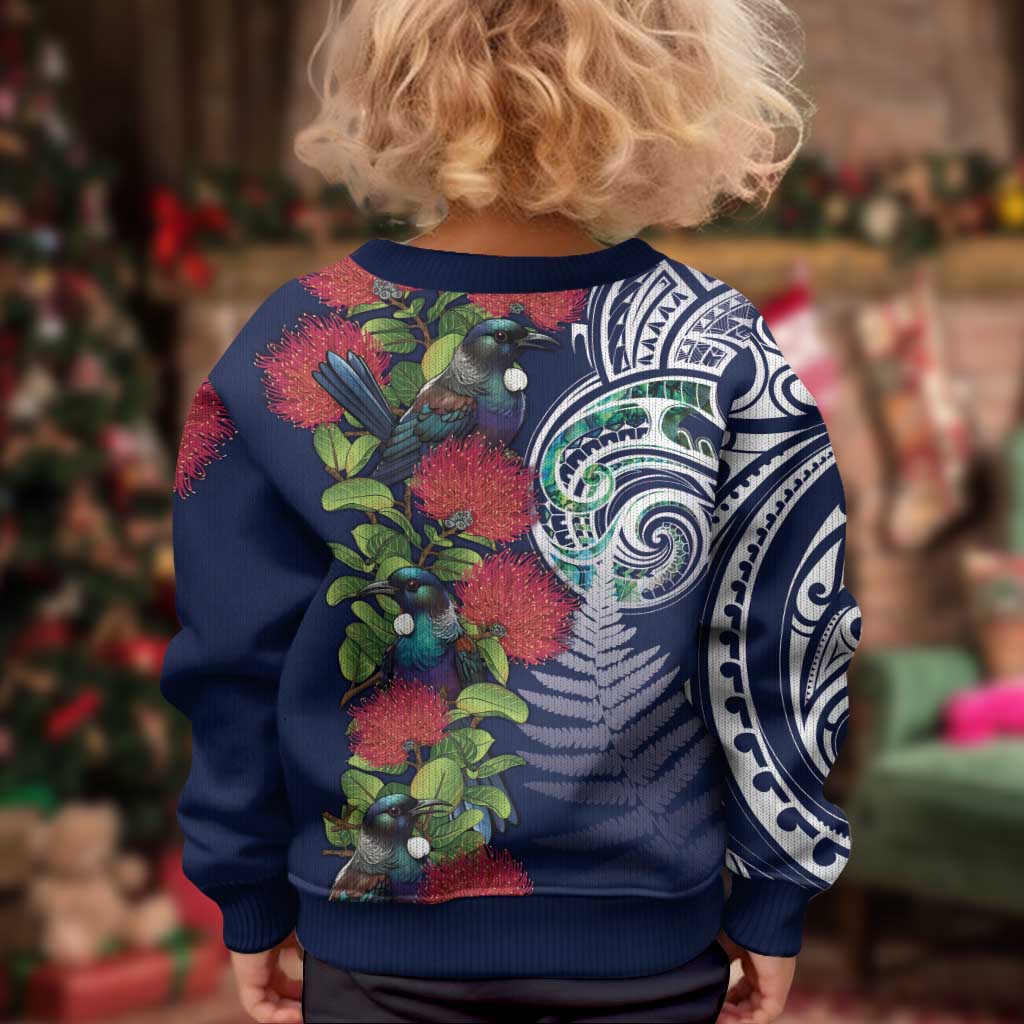 Meri Kirihimete New Zealand Kid Ugly Christmas Sweater Tui on Pohutukawa - Blue Ver LT7 - Polynesian Pride