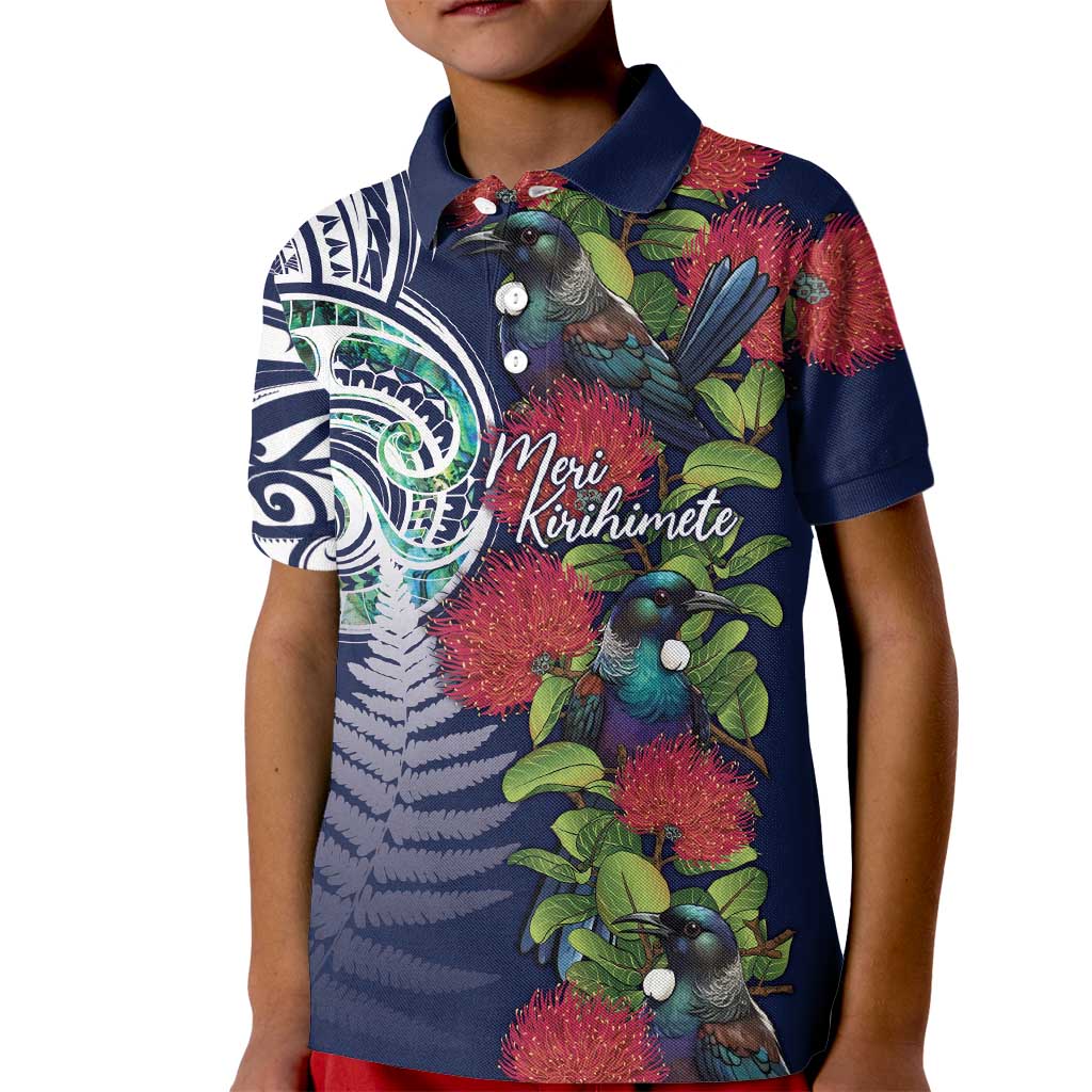 Meri Kirihimete New Zealand Kid Polo Shirt Tui on Pohutukawa - Blue Ver LT7 Kid Blue - Polynesian Pride