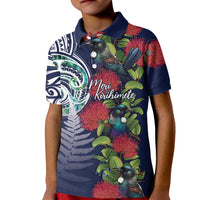 Meri Kirihimete New Zealand Kid Polo Shirt Tui on Pohutukawa - Blue Ver LT7 Kid Blue - Polynesian Pride