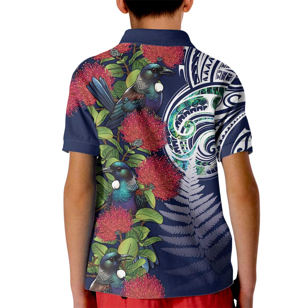Meri Kirihimete New Zealand Kid Polo Shirt Tui on Pohutukawa - Blue Ver LT7 - Polynesian Pride