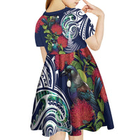 Meri Kirihimete New Zealand Kid Short Sleeve Dress Tui on Pohutukawa - Blue Ver LT7 - Polynesian Pride