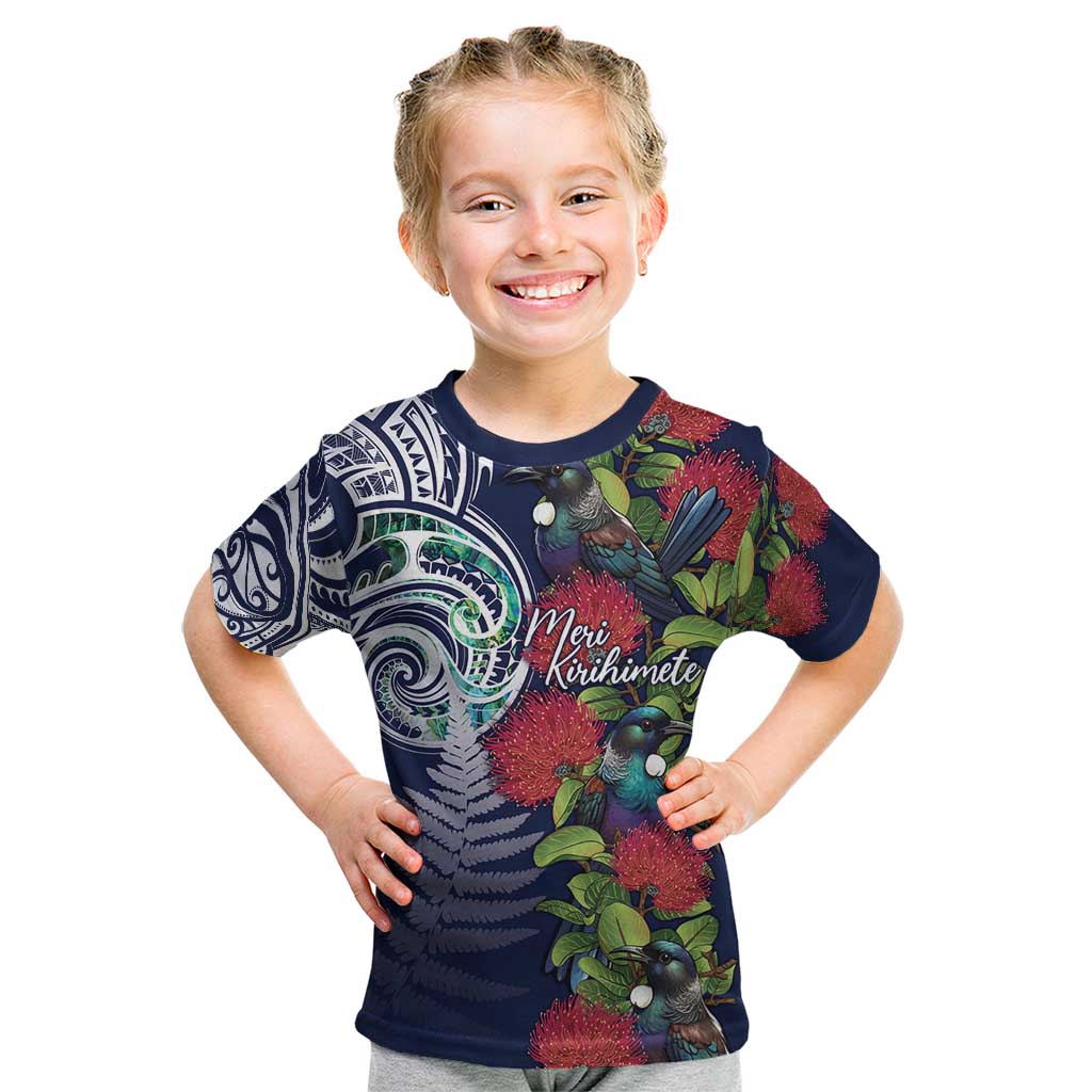 Meri Kirihimete New Zealand Kid T Shirt Tui on Pohutukawa - Blue Ver LT7 Blue - Polynesian Pride