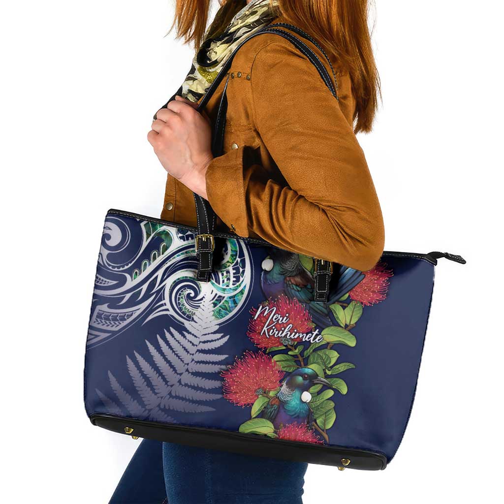 Meri Kirihimete New Zealand Leather Tote Bag Tui on Pohutukawa - Blue Ver LT7 Blue - Polynesian Pride