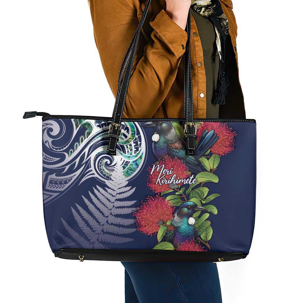 Meri Kirihimete New Zealand Leather Tote Bag Tui on Pohutukawa - Blue Ver LT7 - Polynesian Pride