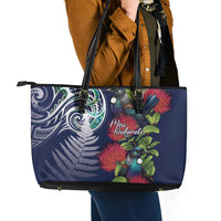 Meri Kirihimete New Zealand Leather Tote Bag Tui on Pohutukawa - Blue Ver LT7 - Polynesian Pride