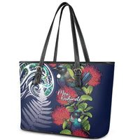 Meri Kirihimete New Zealand Leather Tote Bag Tui on Pohutukawa - Blue Ver LT7 - Polynesian Pride