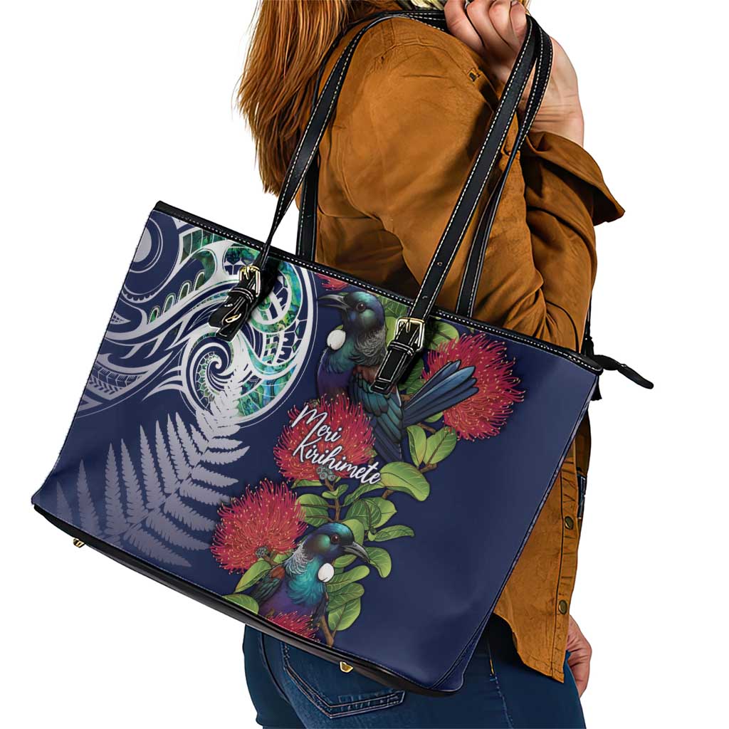 Meri Kirihimete New Zealand Leather Tote Bag Tui on Pohutukawa - Blue Ver LT7 - Polynesian Pride