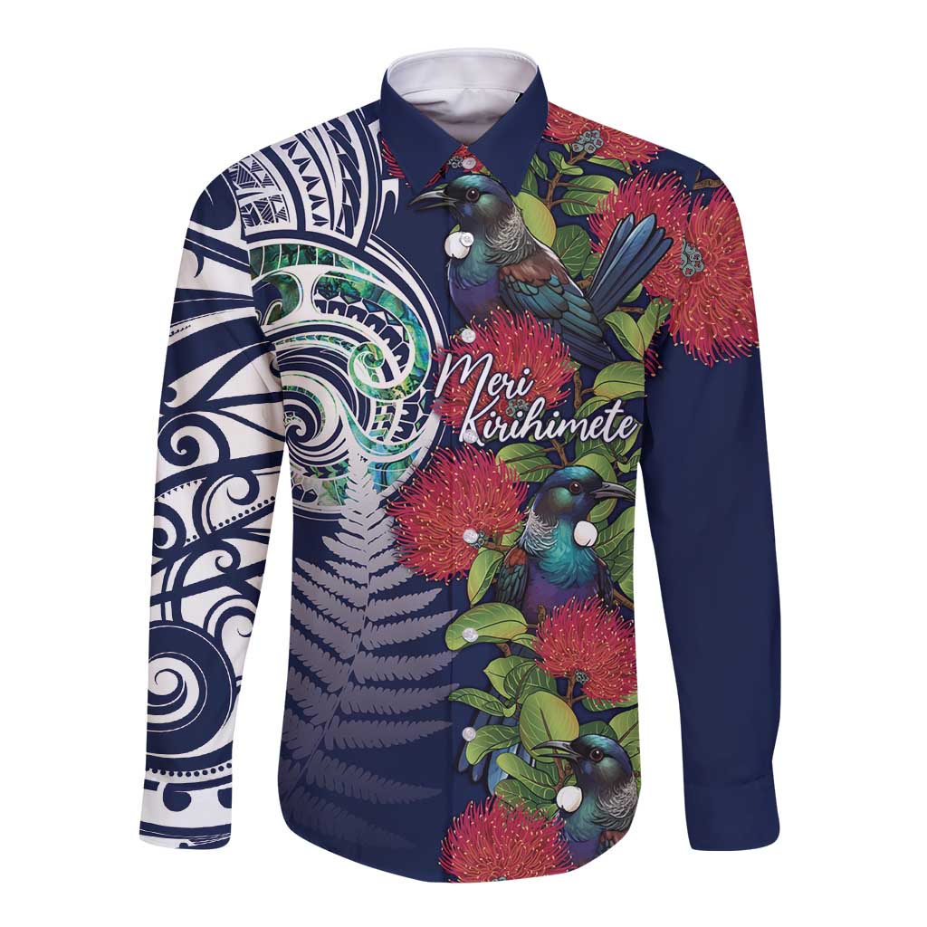 Meri Kirihimete New Zealand Long Sleeve Button Shirt Tui on Pohutukawa - Blue Ver LT7 Unisex Blue - Polynesian Pride